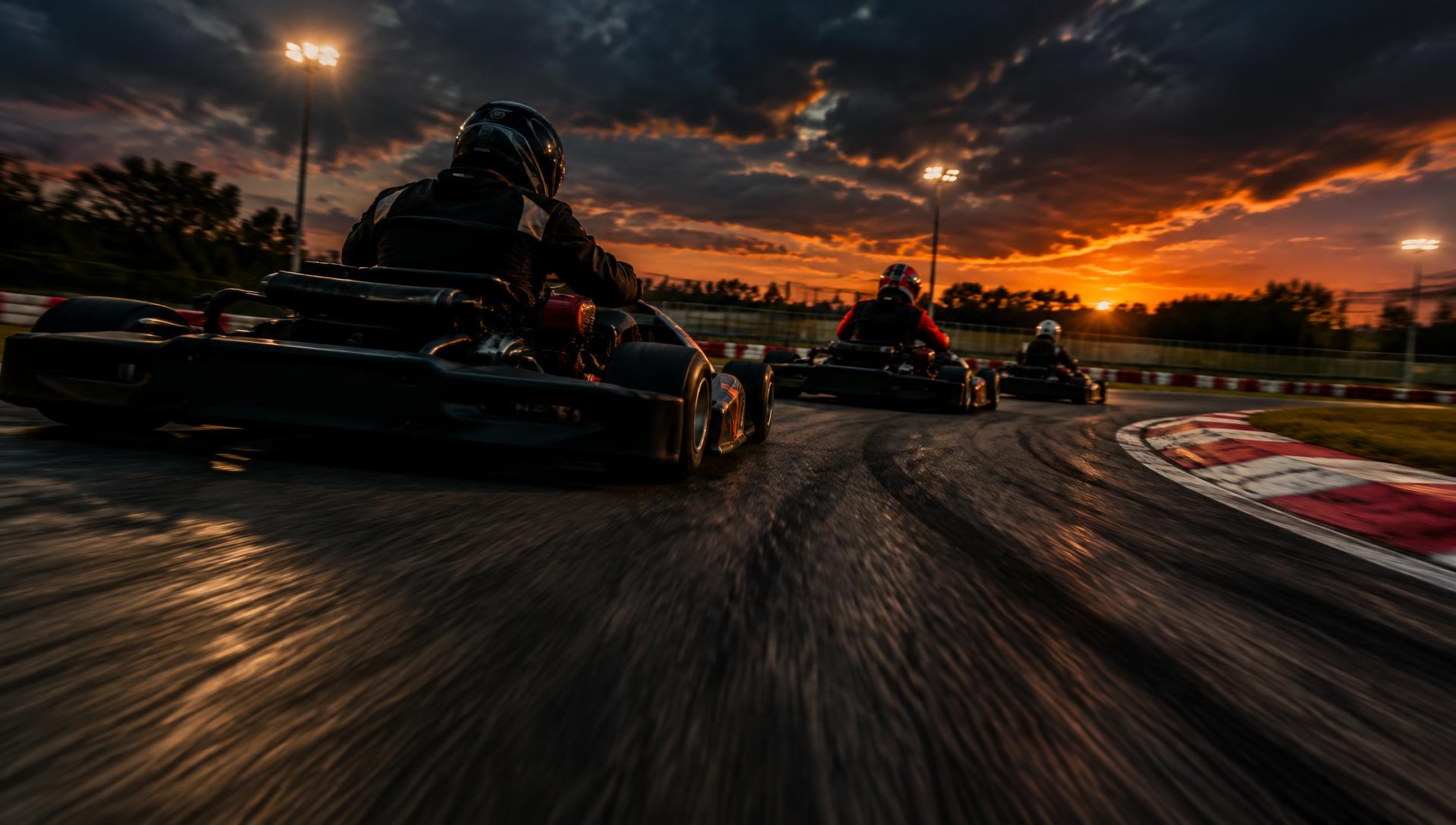 Racing karts cornering on a floodlit track at dusk